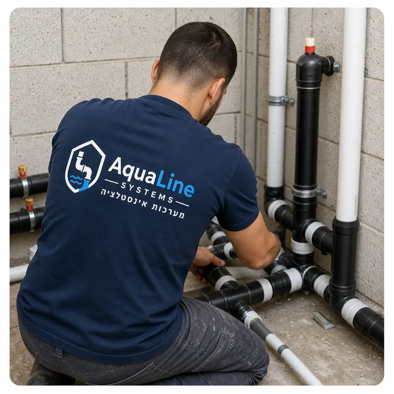 טכנאי AquaLine עובד על מערכת צנרת